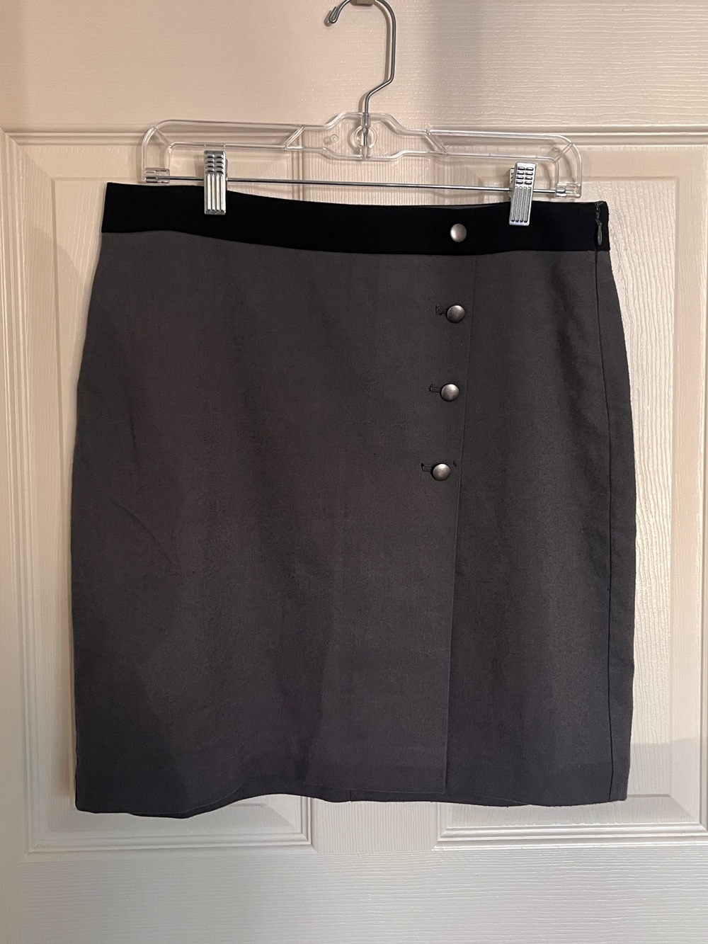 LOFT Charcoal Gray Mini Skirt with Black Waist Trim and Asymmetrical Buttons